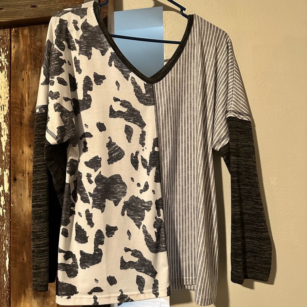 Black and White Cow Print/Striped Top Size Medium